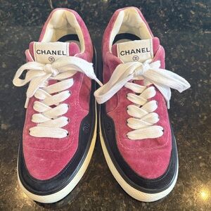 Authentic CHANEL Pink and White Suede Sneakers Size 38.5